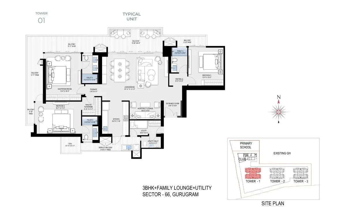 3 BHK + Family Lounge + Utility