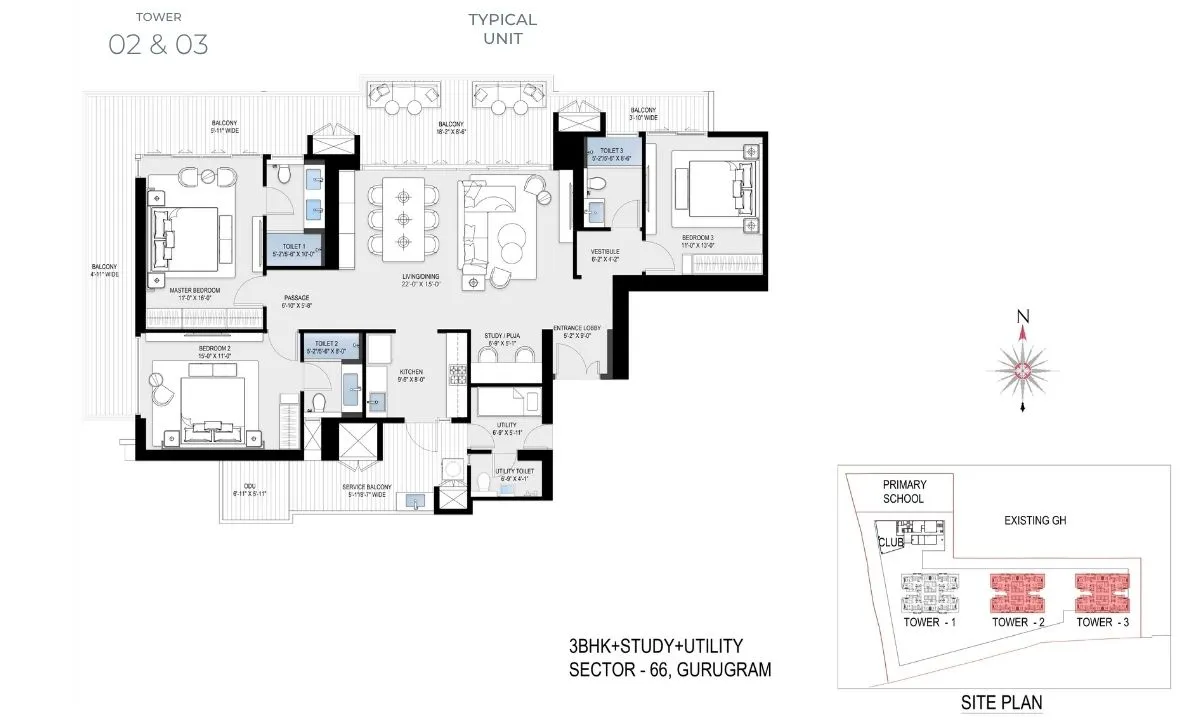 3 BHK + Study + Utility