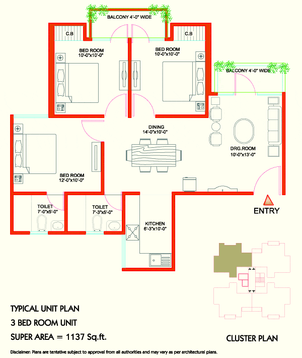 3 BHK - 1137 sq. ft.