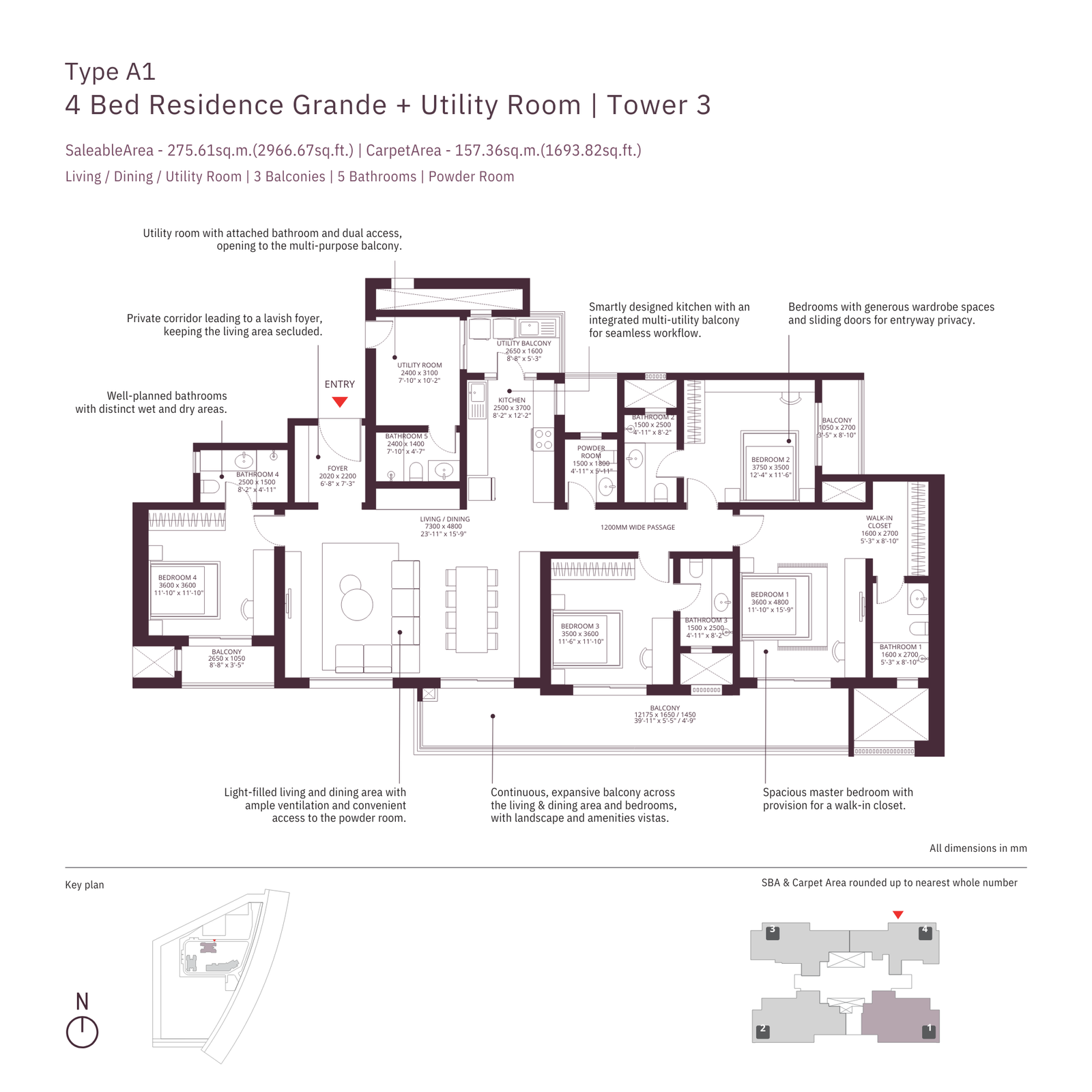 Tower-3, Type A1, 4 BHK + Utility Room