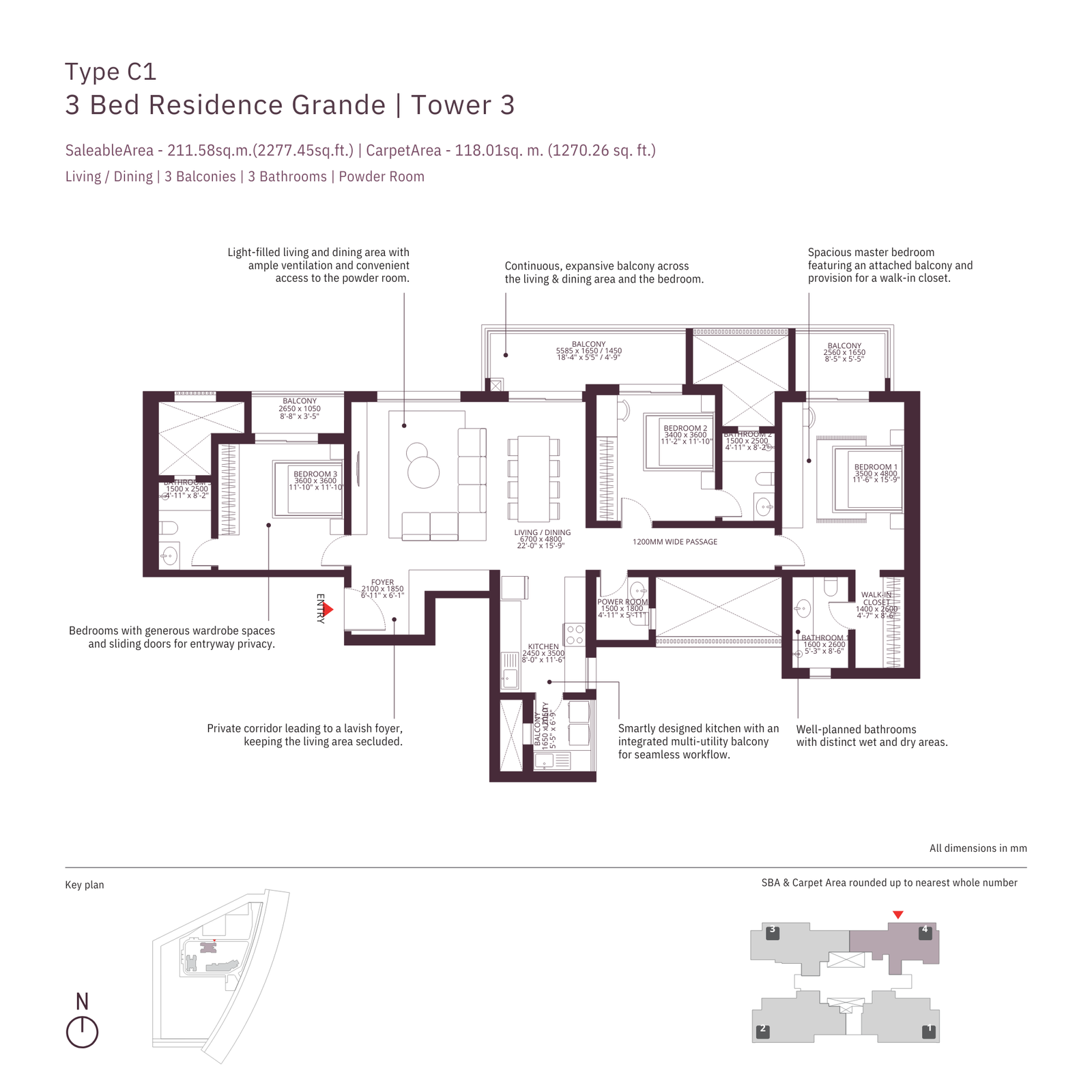 Tower 3, Type C1, 3 BHK