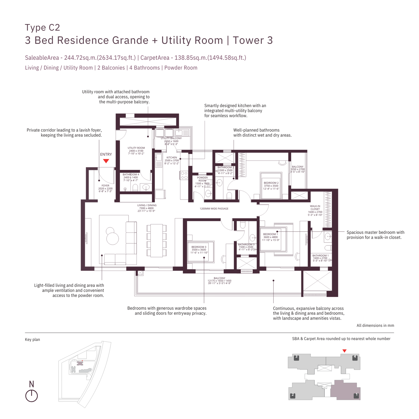 Tower 3, Type C2, 3 BHK+Utility