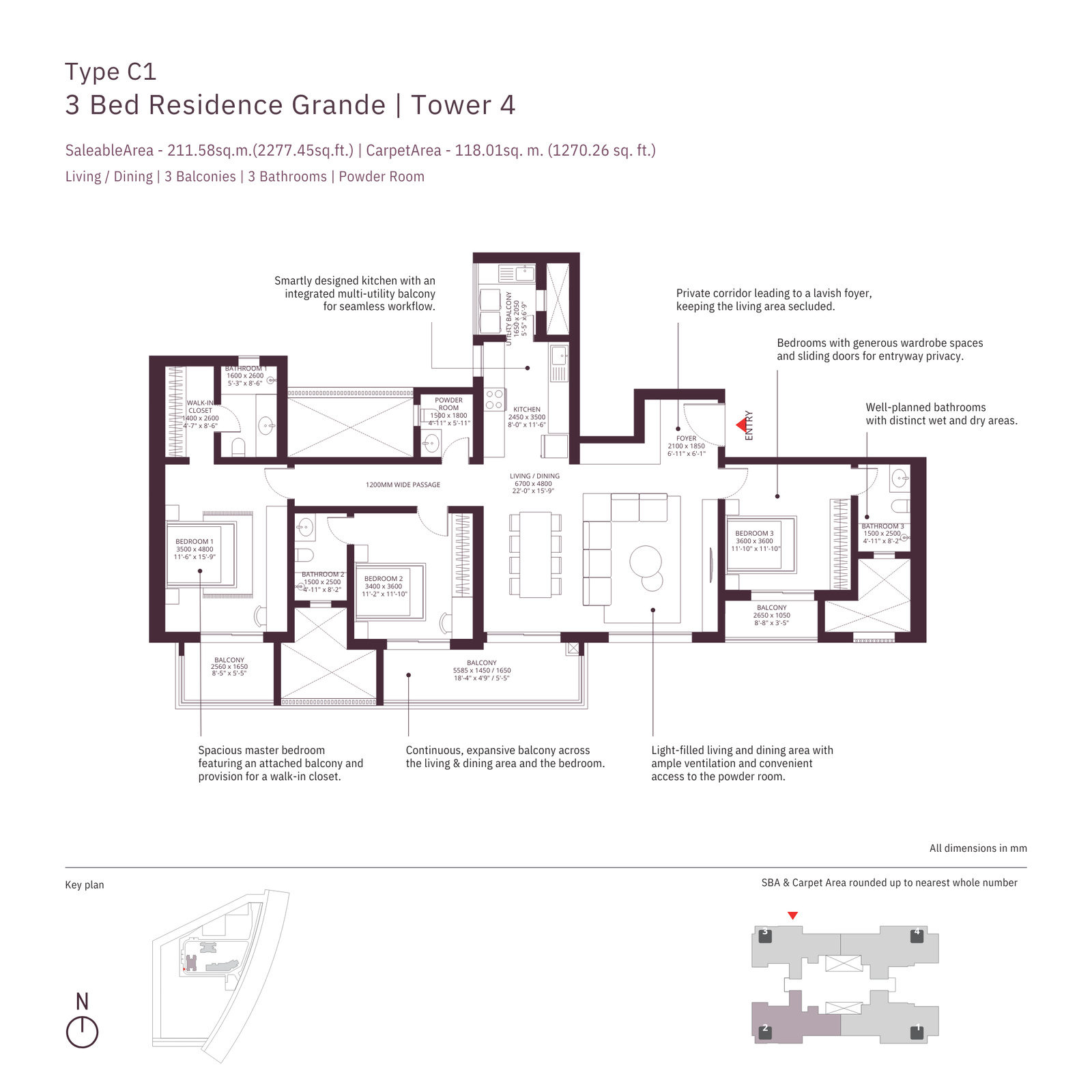 Tower 4, Type C1, 3 BHK