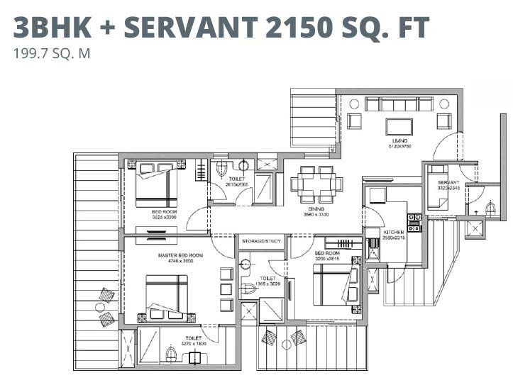 3 BHK + Servant ( 2015 Sq. Ft. )