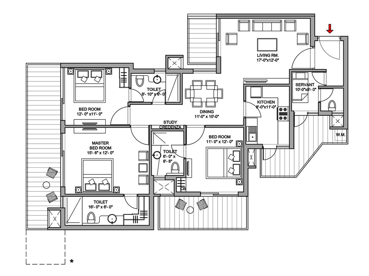 3BHK + SQ (1995 sq ft.)