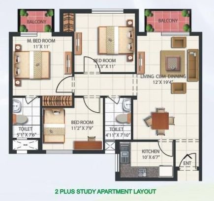 2 BHK + Study